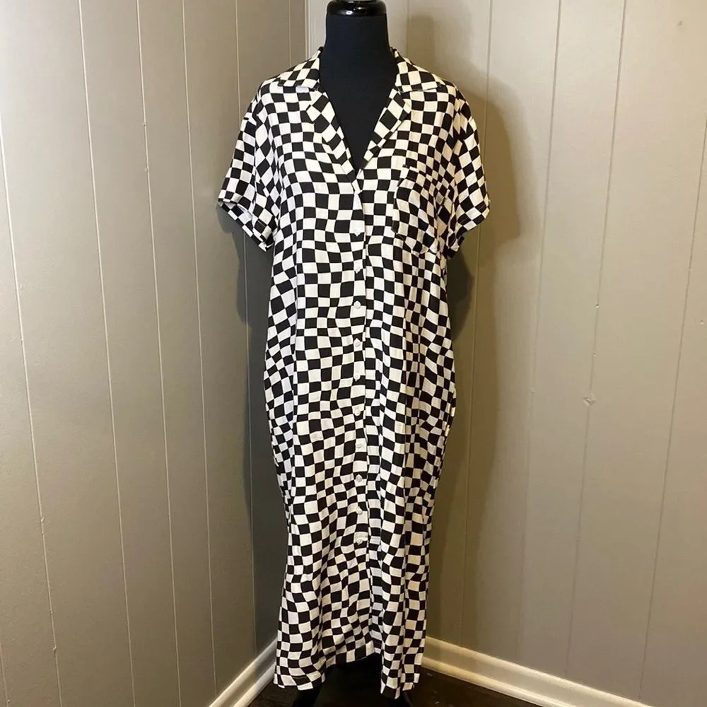 NWT Pistola Small Short Sleeve Shirt Dress Checkers Chest Pocket Hem Slits